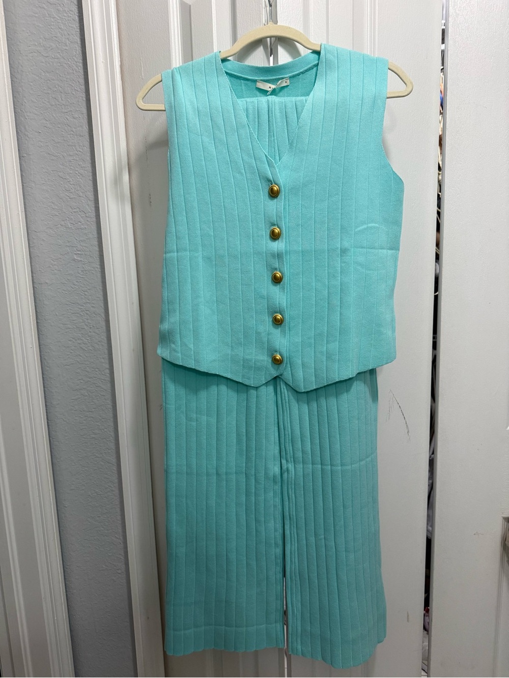 Boutique brand: Rivir Aqua Ribbed Knit Two-Piece Set with Gold Buttons